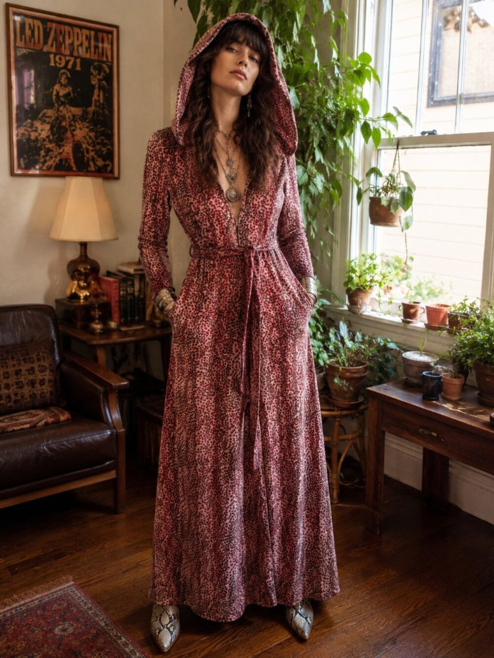 EPIC 1970s Velour Hooded Maxi Dress Zip Disco Goddess by Carlye ILGWU!
